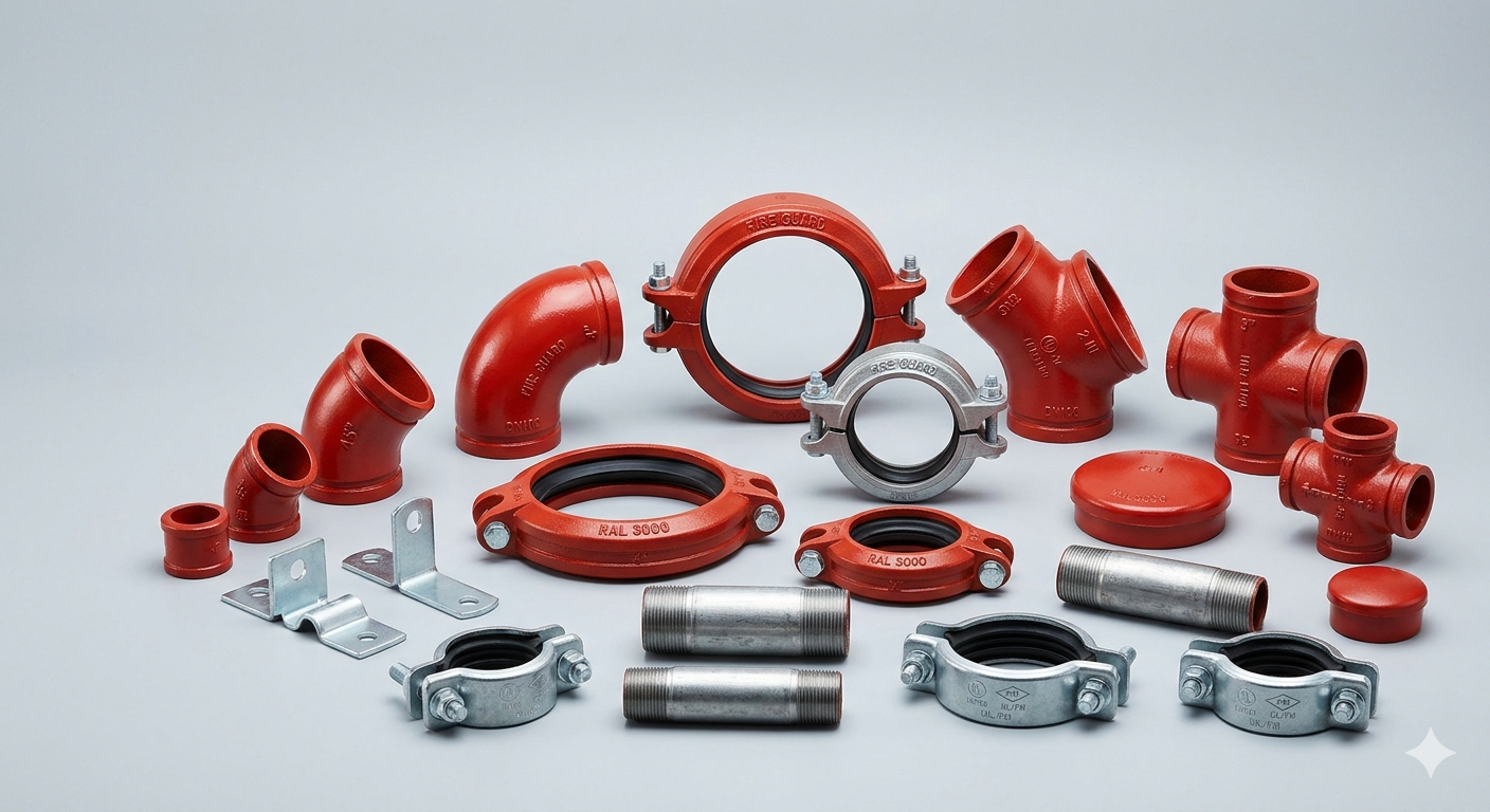 Sprinkler piping fittings and grooved couplings
